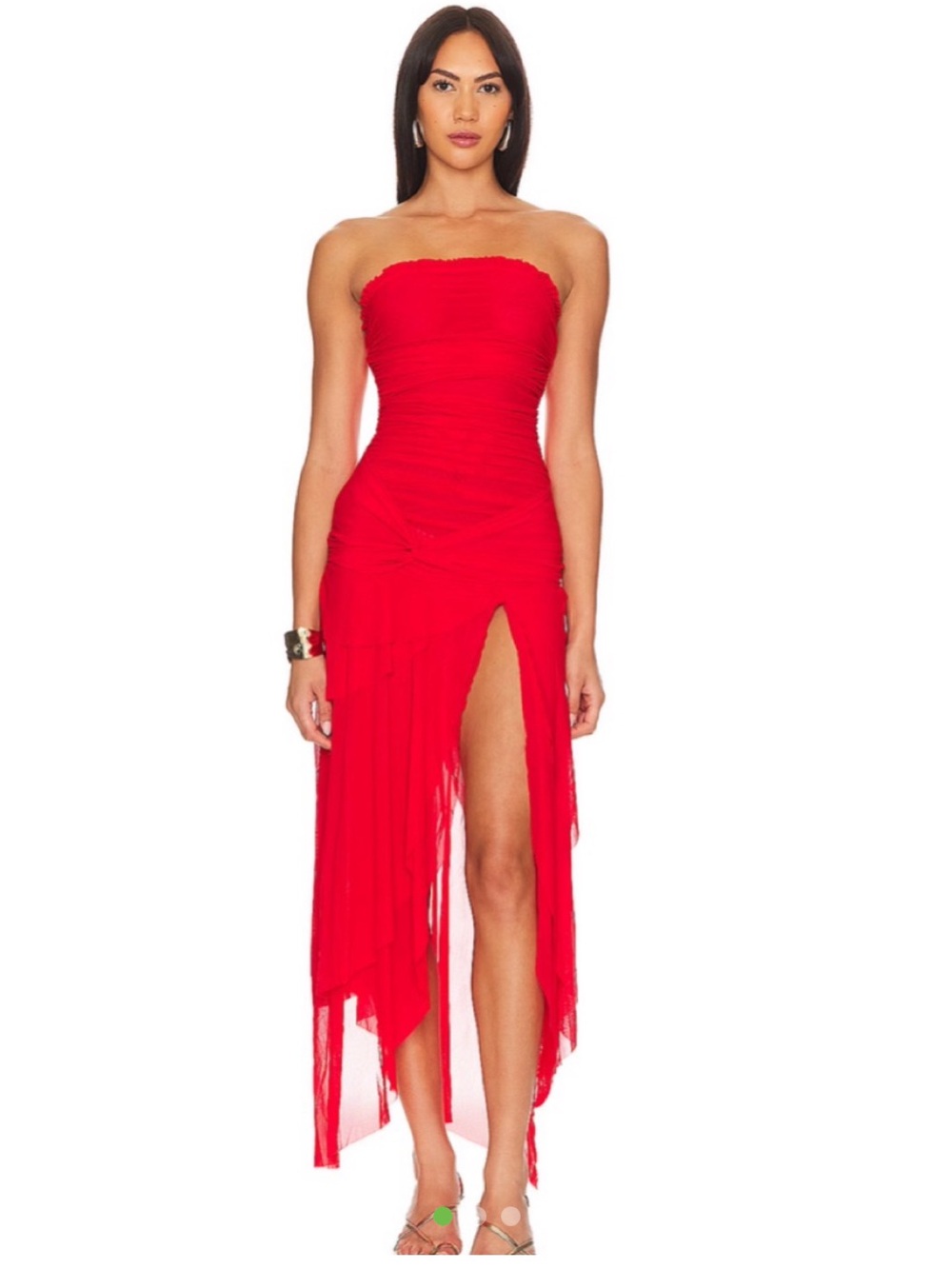 Danielle Guizio Strapless Red Asymmetric High-Slit Midi Dress